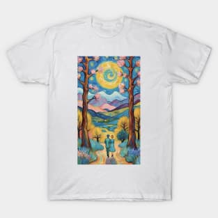 Starry Night Rendezvous: Van Gogh-Inspired Landscape with Romantic Couple T-Shirt